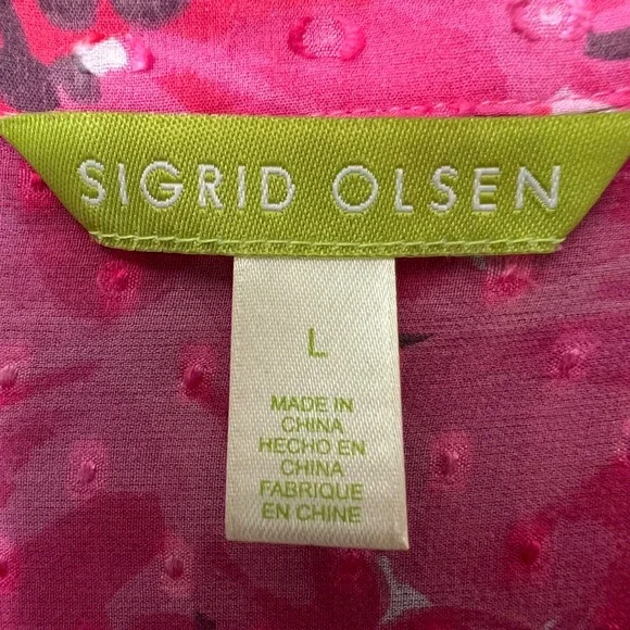 Sigrid Olsen Pink Silk Floral Sheer Ruffle Front Button Down Shirt Blouse Size L - Picture 2 of 7